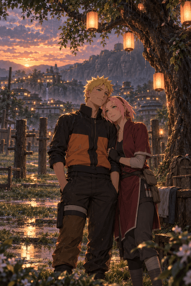 Naruto and Sakura standing together under glowing lanterns after rain