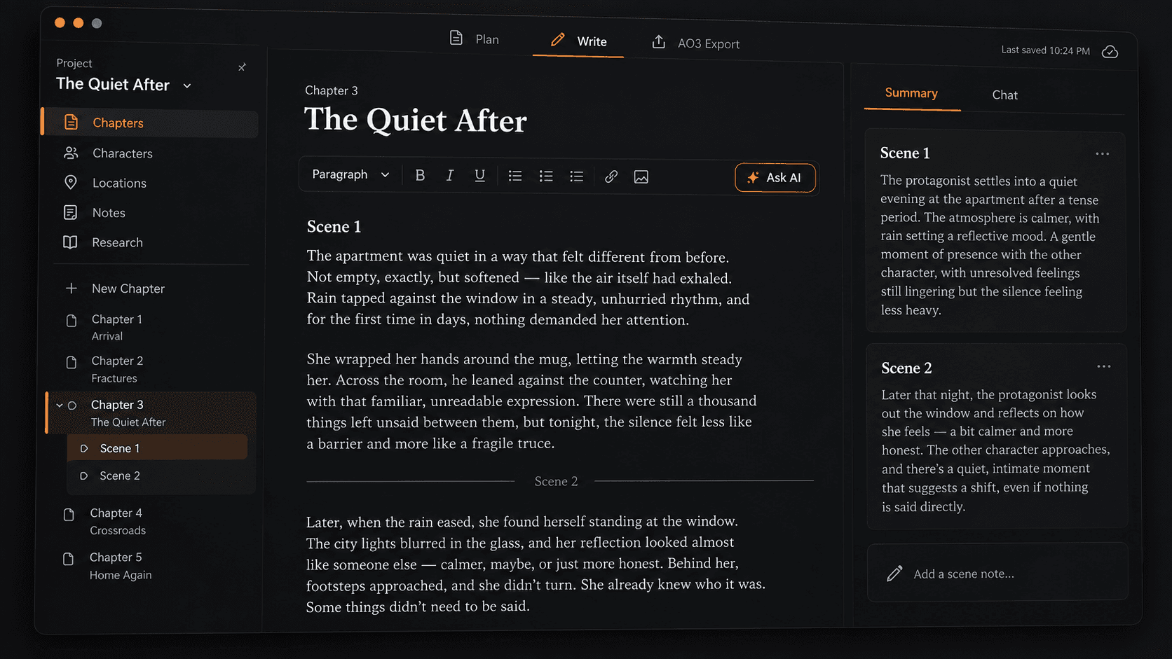 Fanfic Studio writing workspace with a manuscript editor, scene summaries, and chat tab