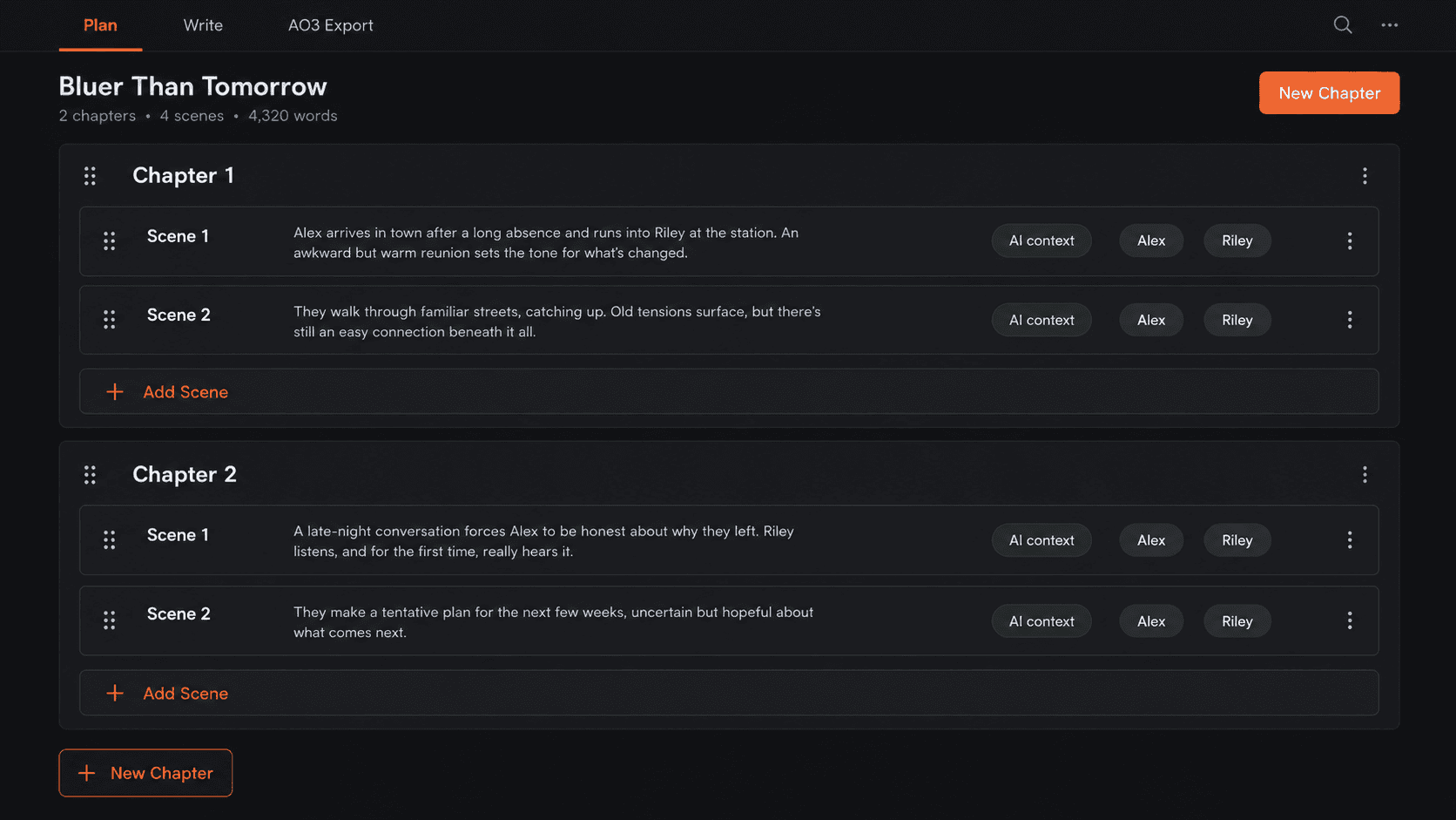 Fanfic Studio plan outline with chapters, scenes, summaries, character chips, and AI context